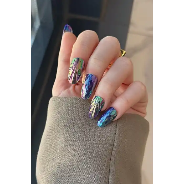 12li Mor Renk Karışık Figürlü Jel Görünümlü Takma Tırnak Set (Yapıştırıcılı)