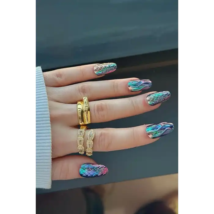 12li Mor Renk Karışık Figürlü Jel Görünümlü Takma Tırnak Set (Yapıştırıcılı)