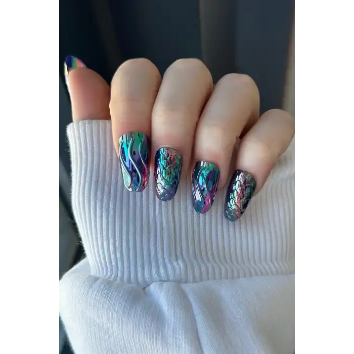 12li Mor Renk Karışık Figürlü Jel Görünümlü Takma Tırnak Set (Yapıştırıcılı)