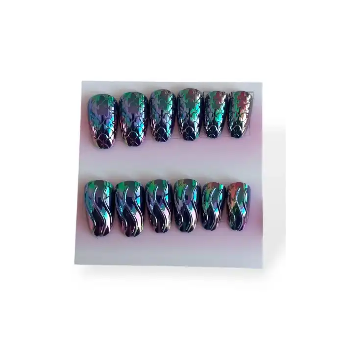 12li Mor Renk Karışık Figürlü Jel Görünümlü Takma Tırnak Set (Yapıştırıcılı)