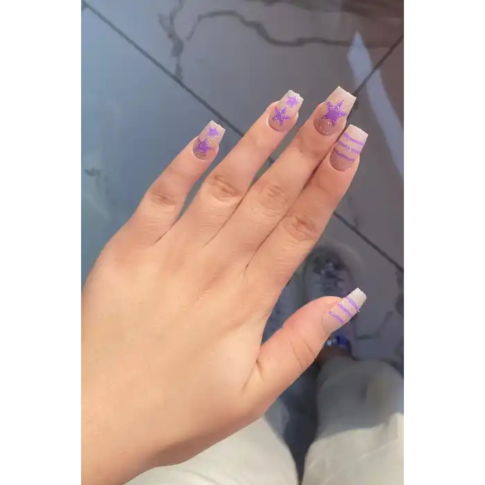 12li Mor Renk Yıldız Figürlü Takma Tırnak Seti