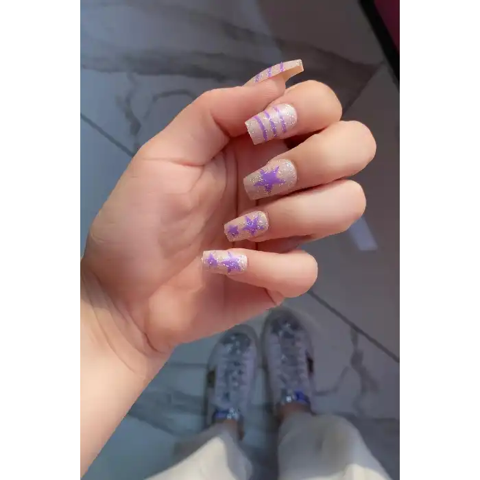 12li Mor Renk Yıldız Figürlü Takma Tırnak Seti