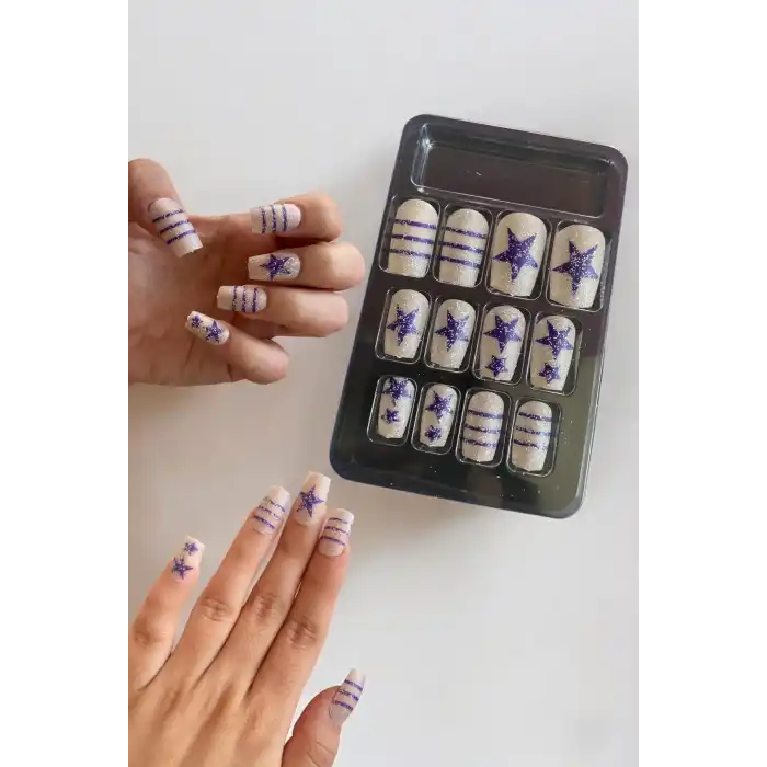 12li Mor Ve Beyaz Renk Yıldız Figürlü Takma Tırnak Seti