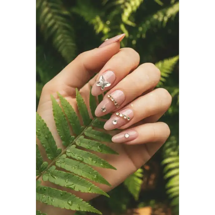 12li Nude Taş Detaylı Krem Renk Takma Tırnak Set (Yapıştırıcılı)