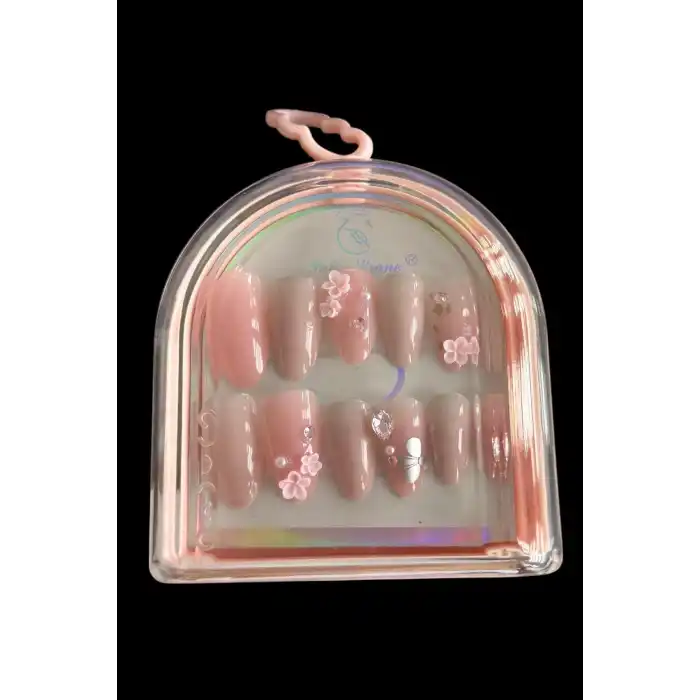 12li Pembe Renk Çiçek Detaylı Jel Görünümlü Takma Tırnak (Yapıştırıcılı)