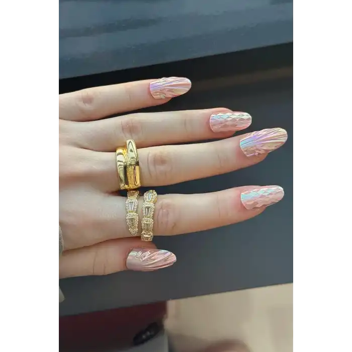 12li Pembe Renk Karışık Figürlü Jel Görünümlü Takma Tırnak Set (Yapıştırıcılı)