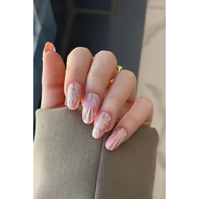 12li Pembe Renk Karışık Figürlü Jel Görünümlü Takma Tırnak Set (Yapıştırıcılı)