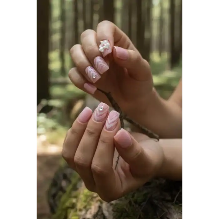 12li Pembe Renk Kurdele Detaylı Takma Tırnak Set (Yapıştırıcılı)