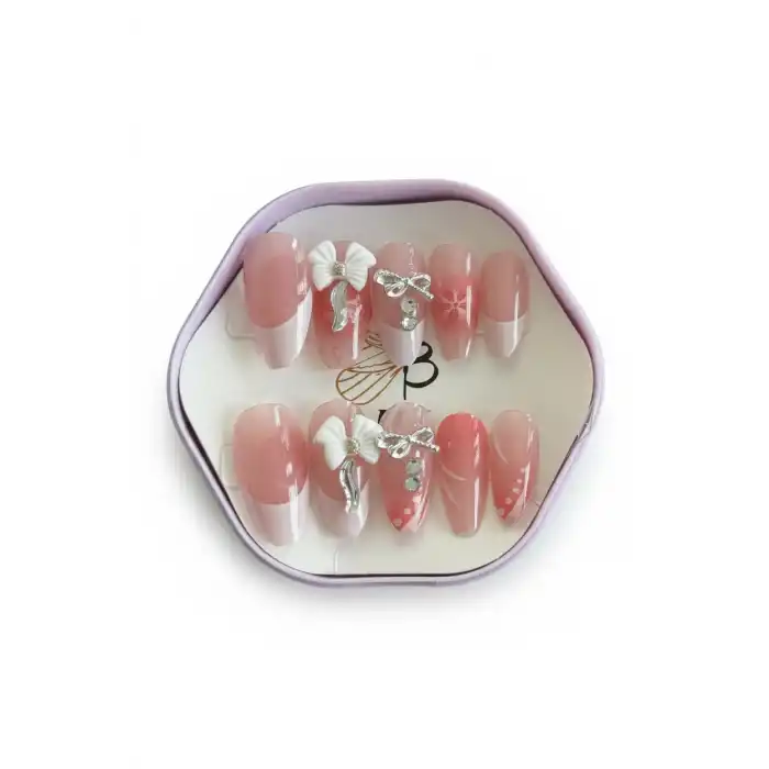 12li Pembe Renk Kurdele Figürlü Taş Detaylı Takma Tırnak Set (Yapıştırıcılı)