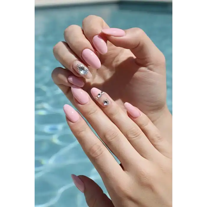 12li Pembe Renk Taş Detaylı Takma Tırnak Set (Yapıştırıcılı)