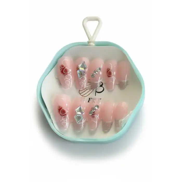 12li Pembe Renk Taş Detaylı Takma Tırnak Set (Yapıştırıcılı)