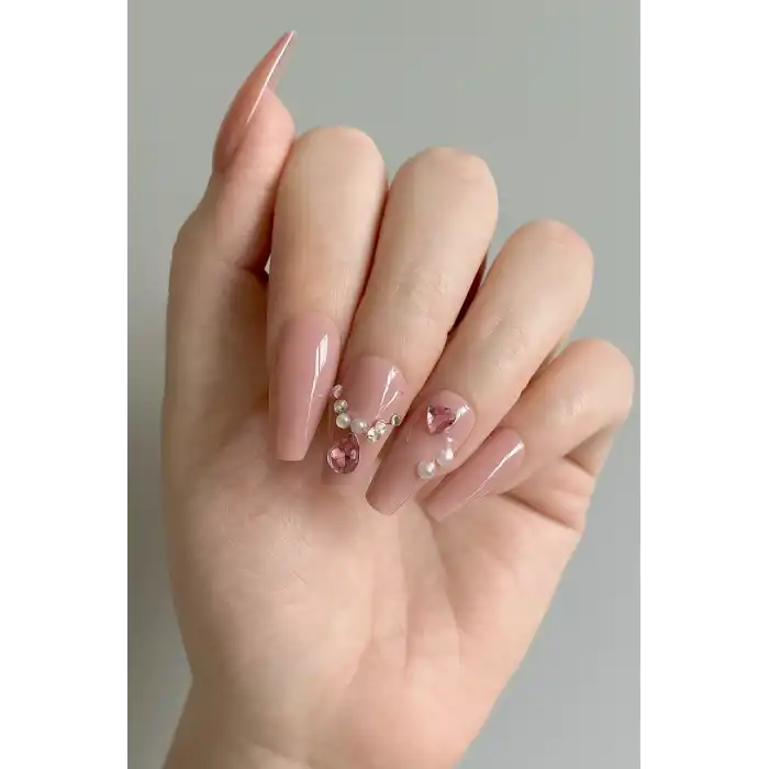 12li Pembe Renk Taş Detaylı Takma Tırnak Set (Yapıştırıcılı)