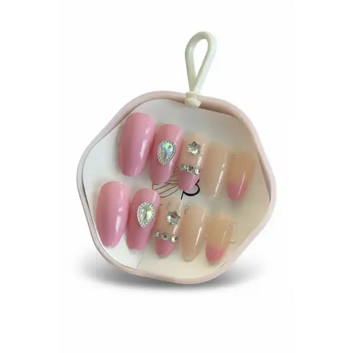 12li Pembe Renk Taş Detaylı Takma Tırnak Set (Yapıştırıcılı)