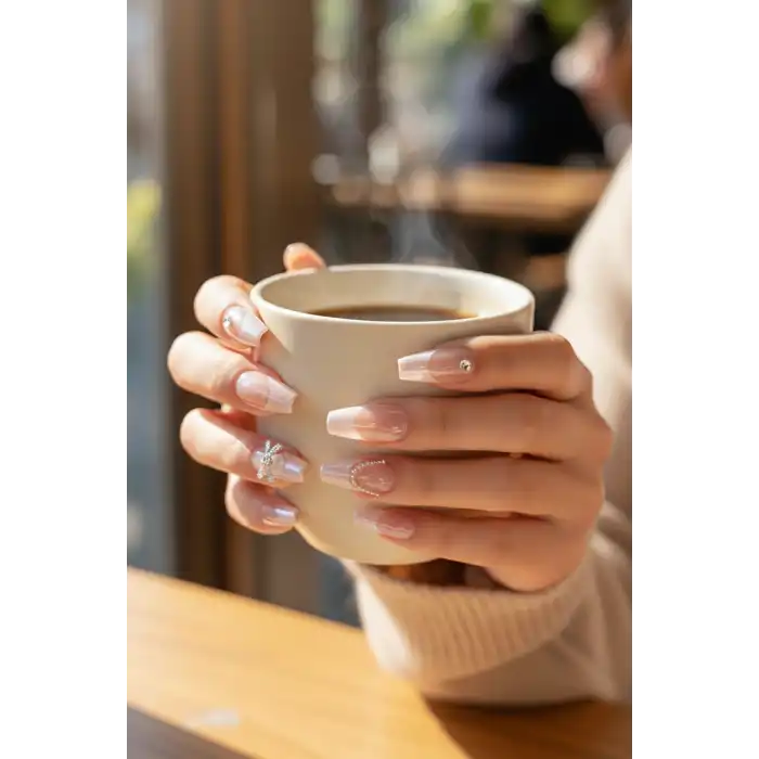 12li Pudra Ve Beyaz Renk Jel Görünümlü Takma Tırnak (Yapıştırıcılı)