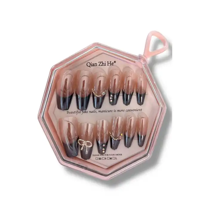 12li Pudra Ve Siyah Renk Jel Görünümlü Takma Tırnak (Yapıştırıcılı)