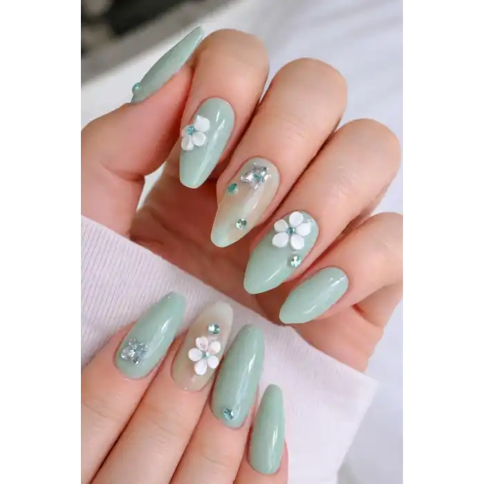 12li Su Yeşil Renk Jel Görünümlü Takma Tırnak (Yapıştırıcılı)