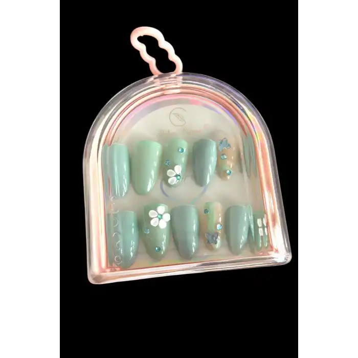 12li Su Yeşil Renk Jel Görünümlü Takma Tırnak (Yapıştırıcılı)