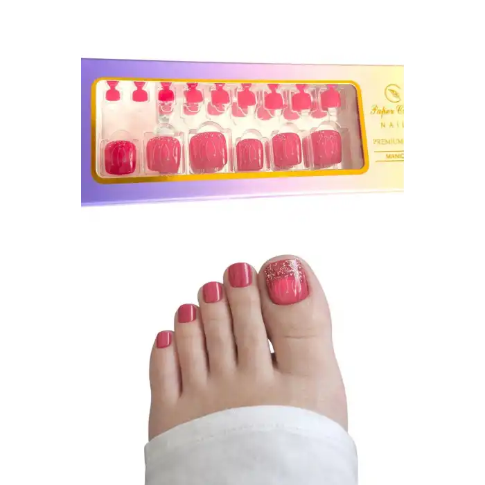 24 Adet Fuşya Renk Ayak Takma Tırnak (Yapıştırıcılı)