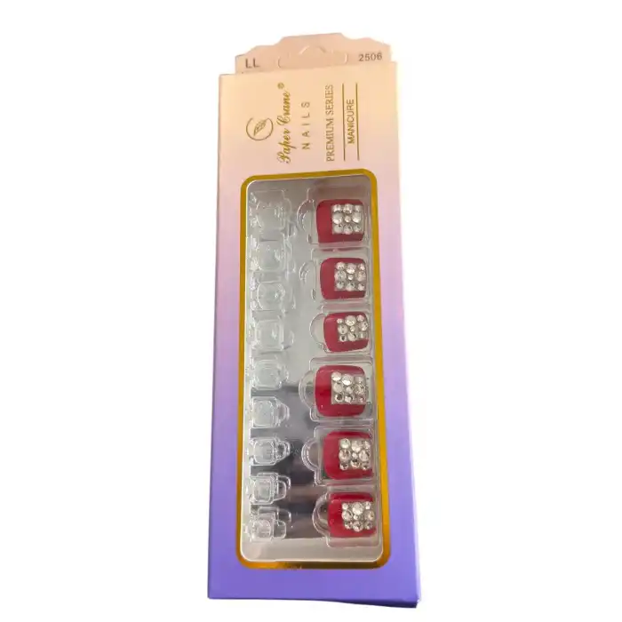 24 Adet Kırmızı Renk Taş Detaylı Ayak Takma Tırnak (Yapıştırıcılı)