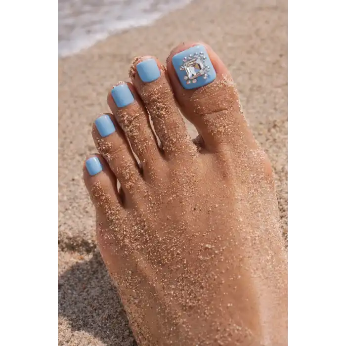 24 Adet Mavi Renk Taş Detaylı Ayak Takma Tırnak (Yapıştırıcılı)