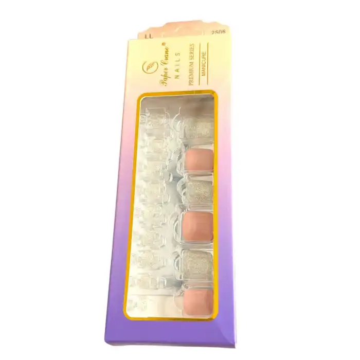 24 Adet Pudra Pembe Renk Simli Ayak Takma Tırnak (Yapıştırıcılı)