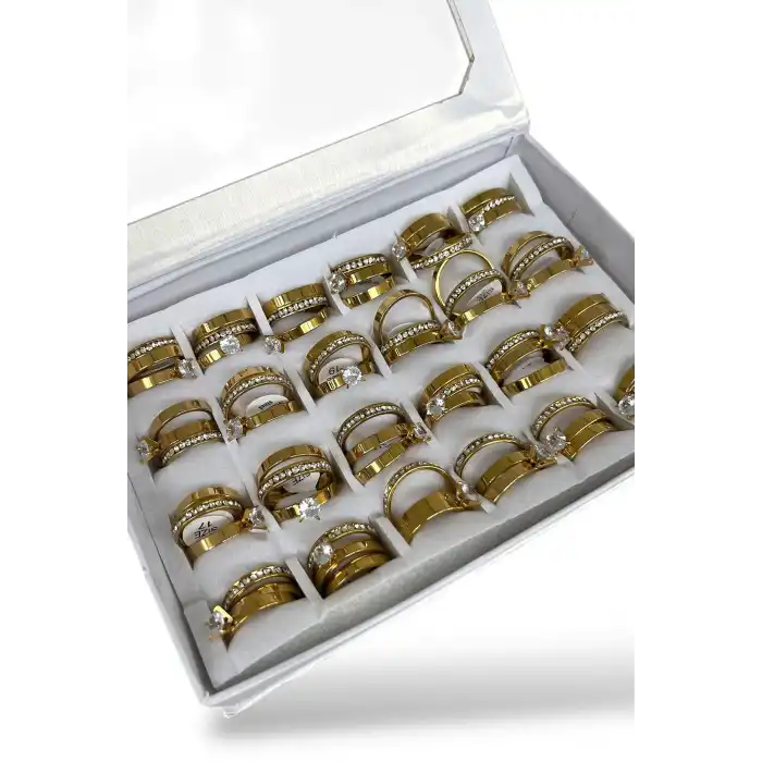 24lü Altın Renk Çelik Numaralı Tektaş Alyans Set