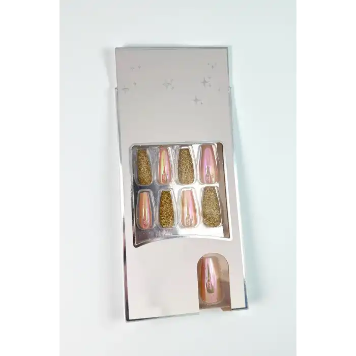 24lü Altın Renk Simli Ve Hologramlı Takma Tırnak (Yapıştırıcılı)
