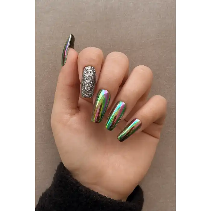 24lü Antrasit Renk Simli Ve Hologramlı Takma Tırnak (Yapıştırıcılı)
