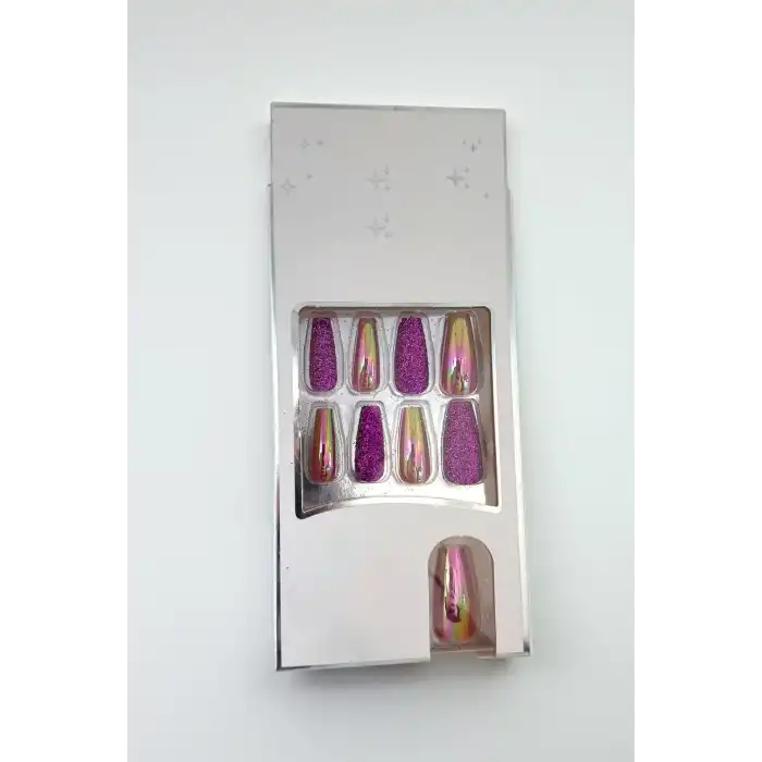 24lü Fuşya Renk Simli Ve Hologramlı Takma Tırnak (Yapıştırıcılı)