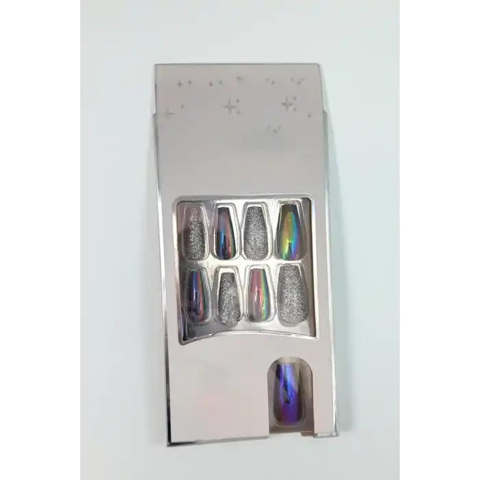 24lü Gümüş Renk Simli Ve Hologramlı Takma Tırnak (Yapıştırıcılı)