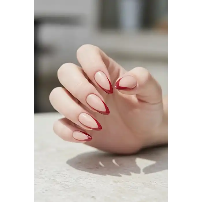 24lü Krem Ve Kırmızı Renk Takma Tırnak (Yapıştırıcılı)