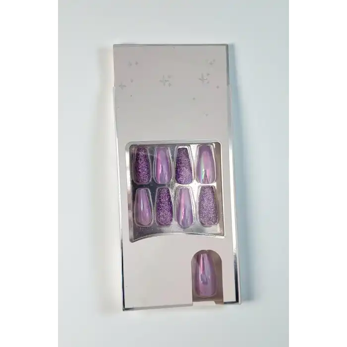 24lü Lila Renk Simli Ve Hologramlı Takma Tırnak (Yapıştırıcılı)