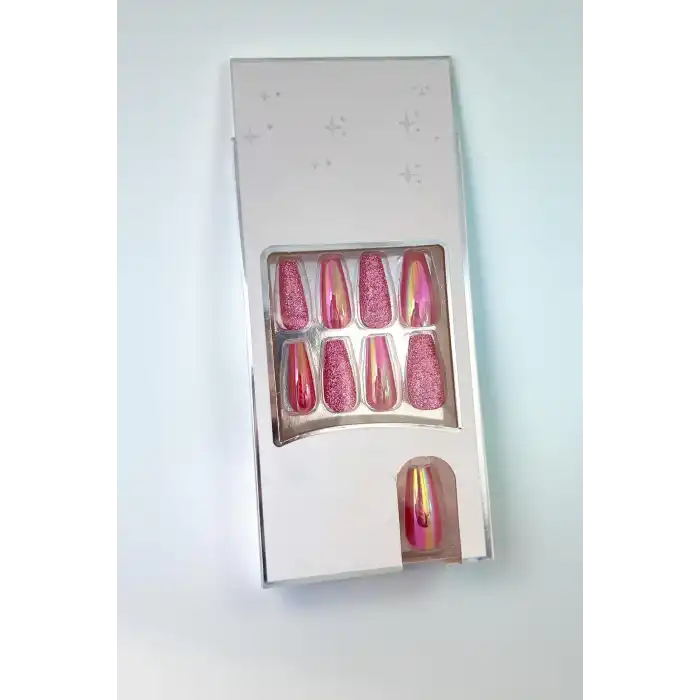 24lü Pembe Renk Simli Ve Hologramlı Takma Tırnak (Yapıştırıcılı)