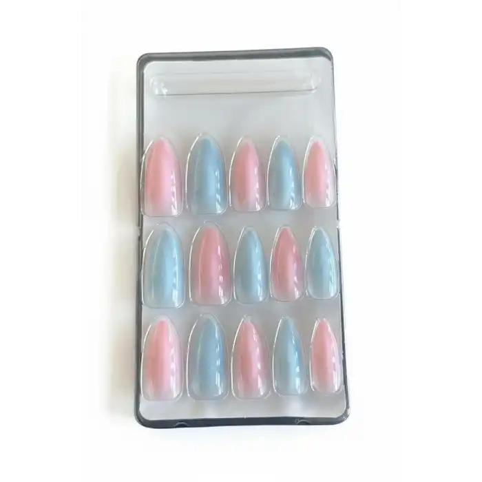 24lü Pembe Ve Mavi Renk Takma Tırnak Set (Yapıştırıcılı)