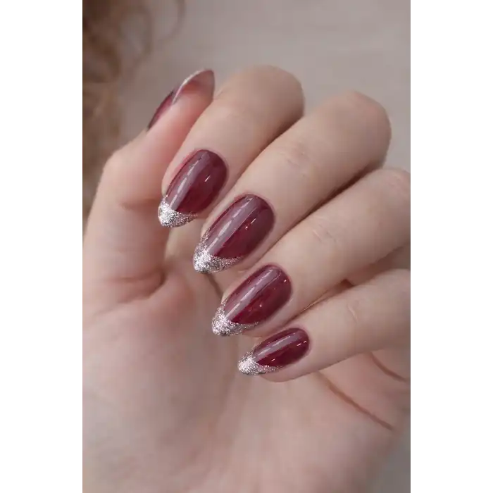 24lü Simli Ve Bordo Renk Jel Görünümlü Takma Tırnak (Yapıştırıcılı)