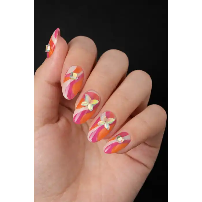 24lü Turuncu Ve Pembe Renk Jel Görünümlü Takma Tırnak (Yapıştırıcılı)