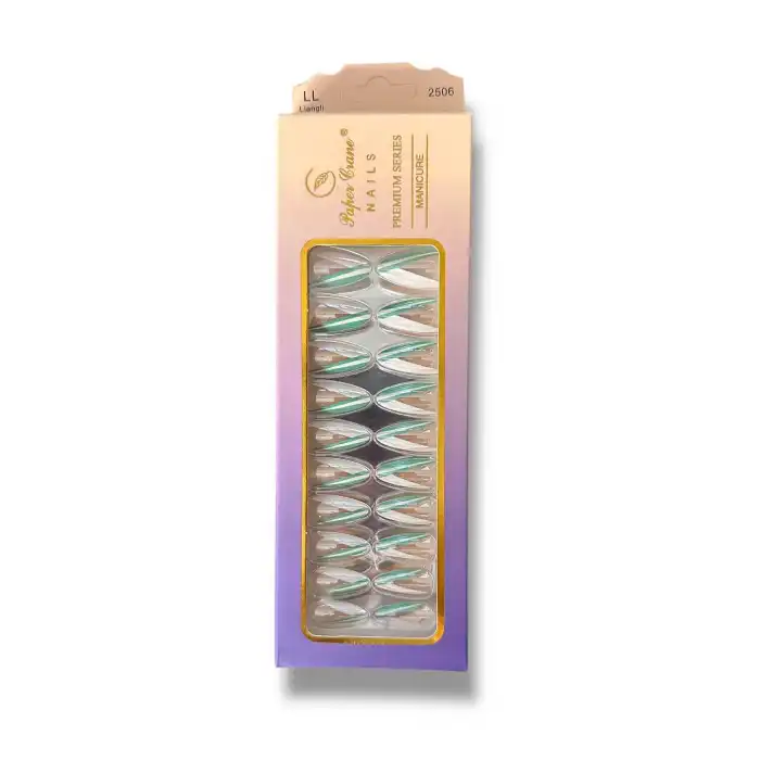 24lü Yeşil Ve Beyaz Renk Jel Görünümlü Takma Tırnak (Yapıştırıcılı)