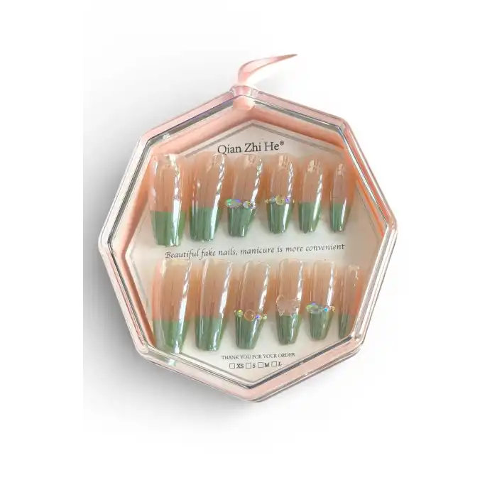 24lü Yeşil Ve Pudra Renk Takma Tırnak (Yapıştırıcılı)