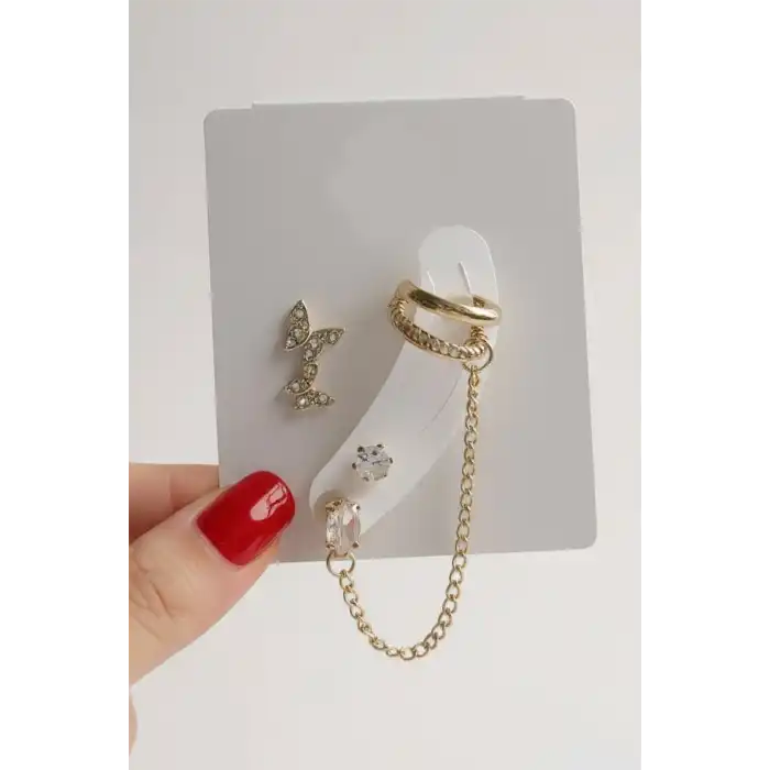 4lü Altın Renk Kelebek Figürlü Taş Detaylı Küpe Set