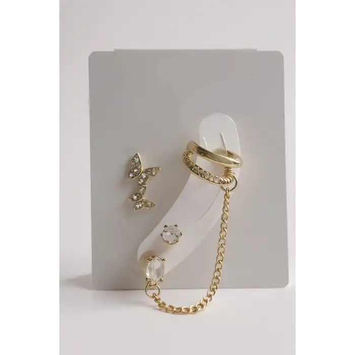4lü Altın Renk Kelebek Figürlü Taş Detaylı Küpe Set