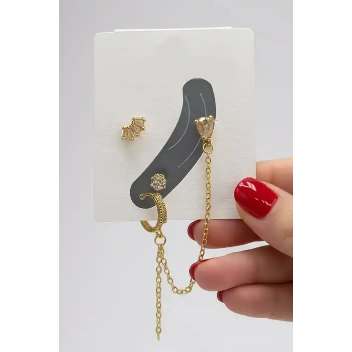 4lü Altın Renk Taş Detaylı Küpe Set