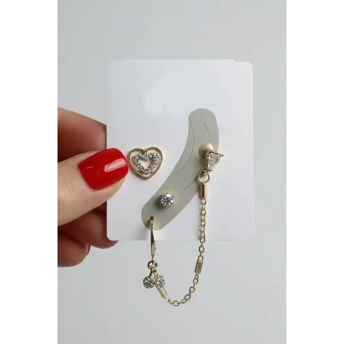 4lü Altın Renk Taş Detaylı Küpe Set