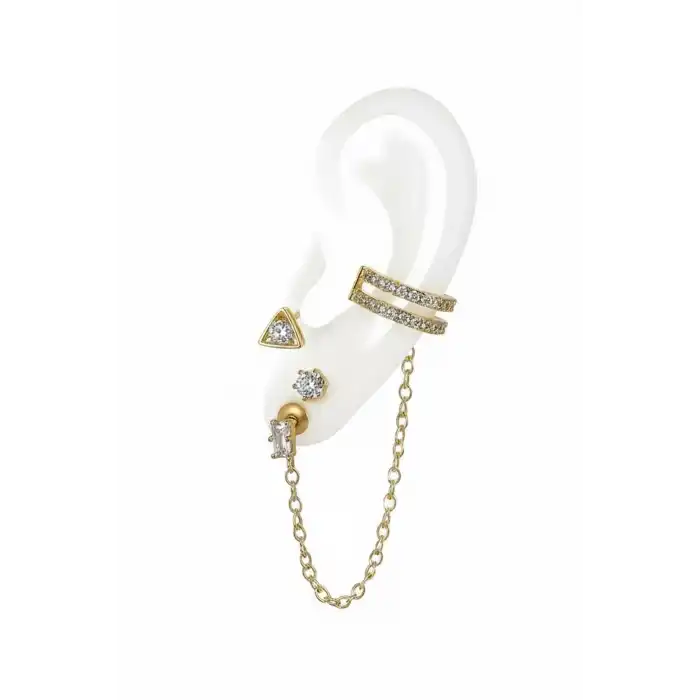 4lü Altın Renk Taş Detaylı Küpe Set