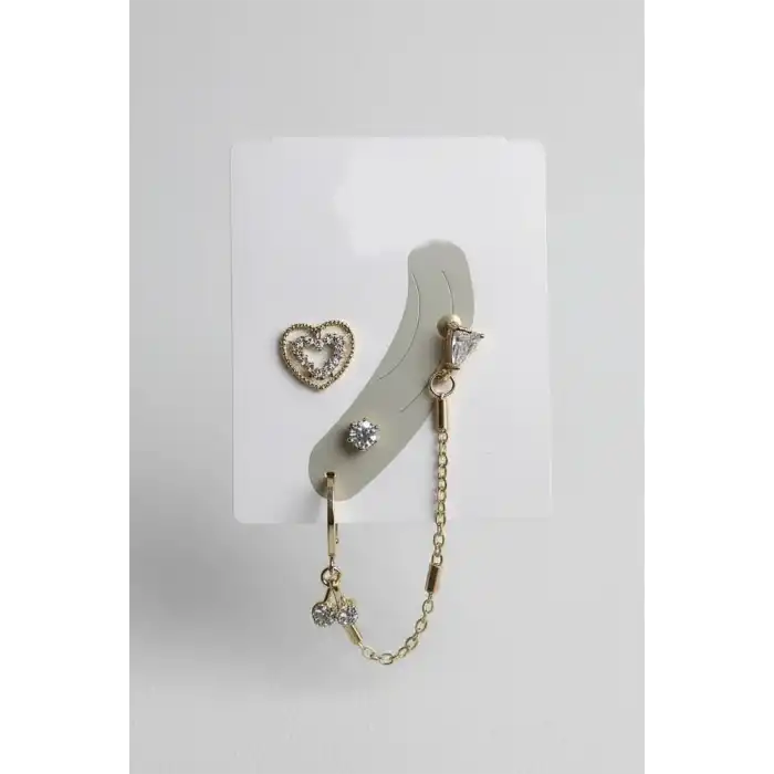 4lü Altın Renk Taş Detaylı Küpe Set