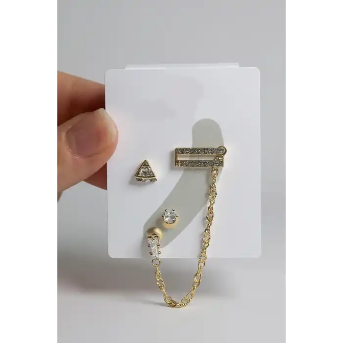 4lü Altın Renk Taş Detaylı Küpe Set