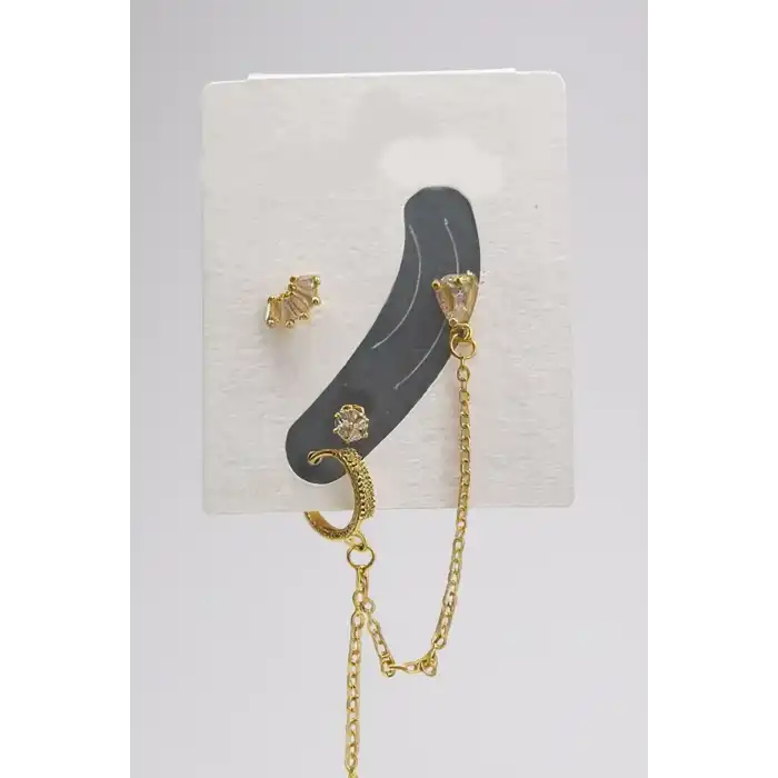 4lü Altın Renk Taş Detaylı Küpe Set