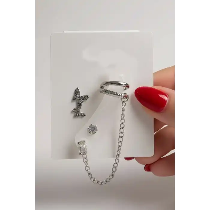 4lü Gümüş Renk Kelebek Figürlü Taş Detaylı Küpe Set