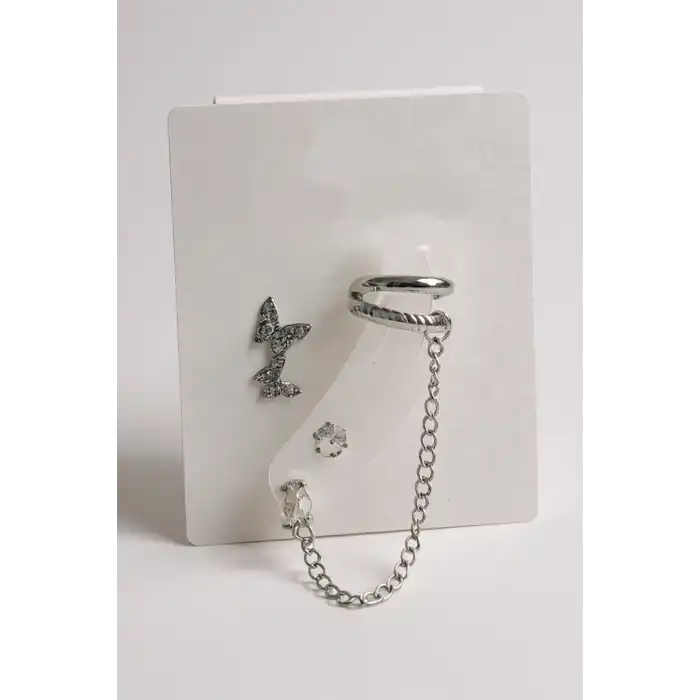 4lü Gümüş Renk Kelebek Figürlü Taş Detaylı Küpe Set