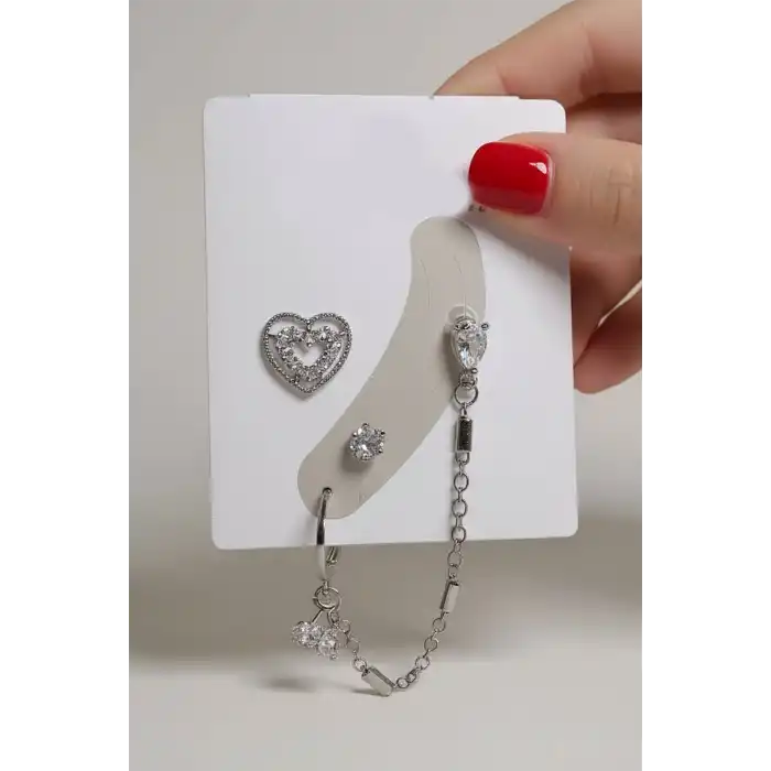 4lü Gümüş Renk Taş Detaylı Küpe Set