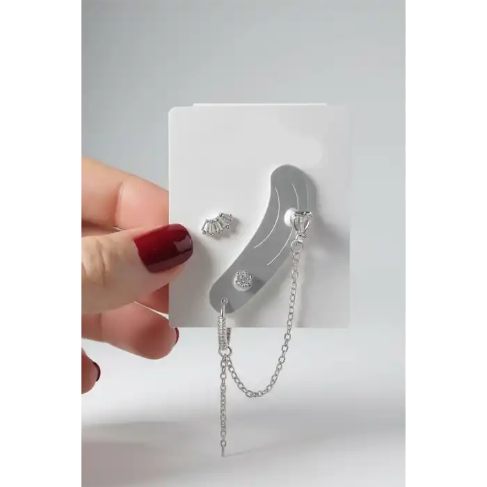 4lü Gümüş Renk Taş Detaylı Küpe Set